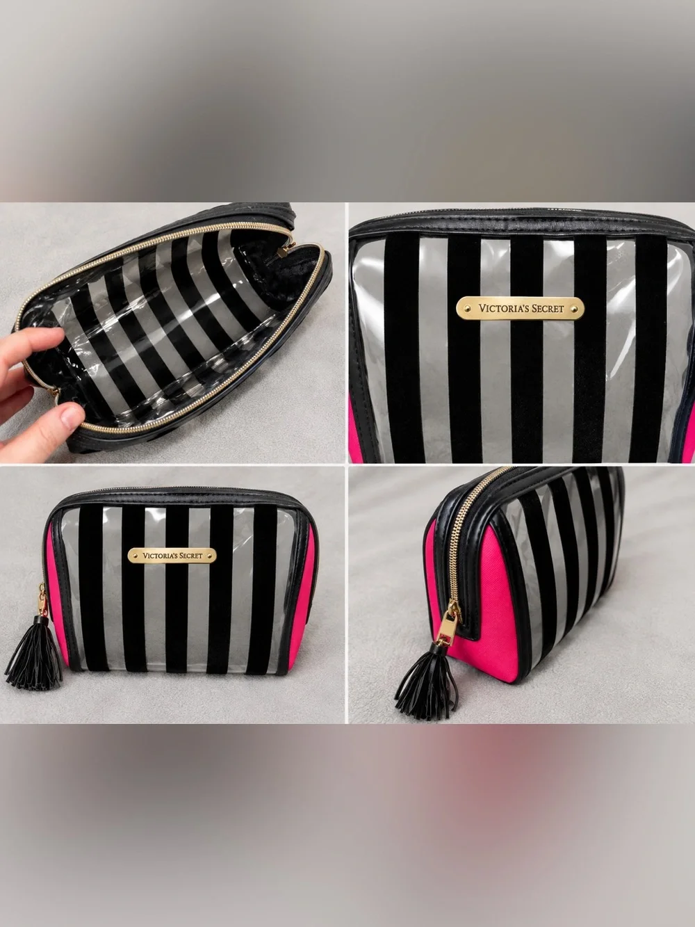 Victoria's Secret Black & Pink Striped Clear Cosmetic Case with Tassel